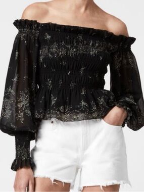 All Saints Black Off-Shoulder Smocked Peplum Top with Subtle Floral